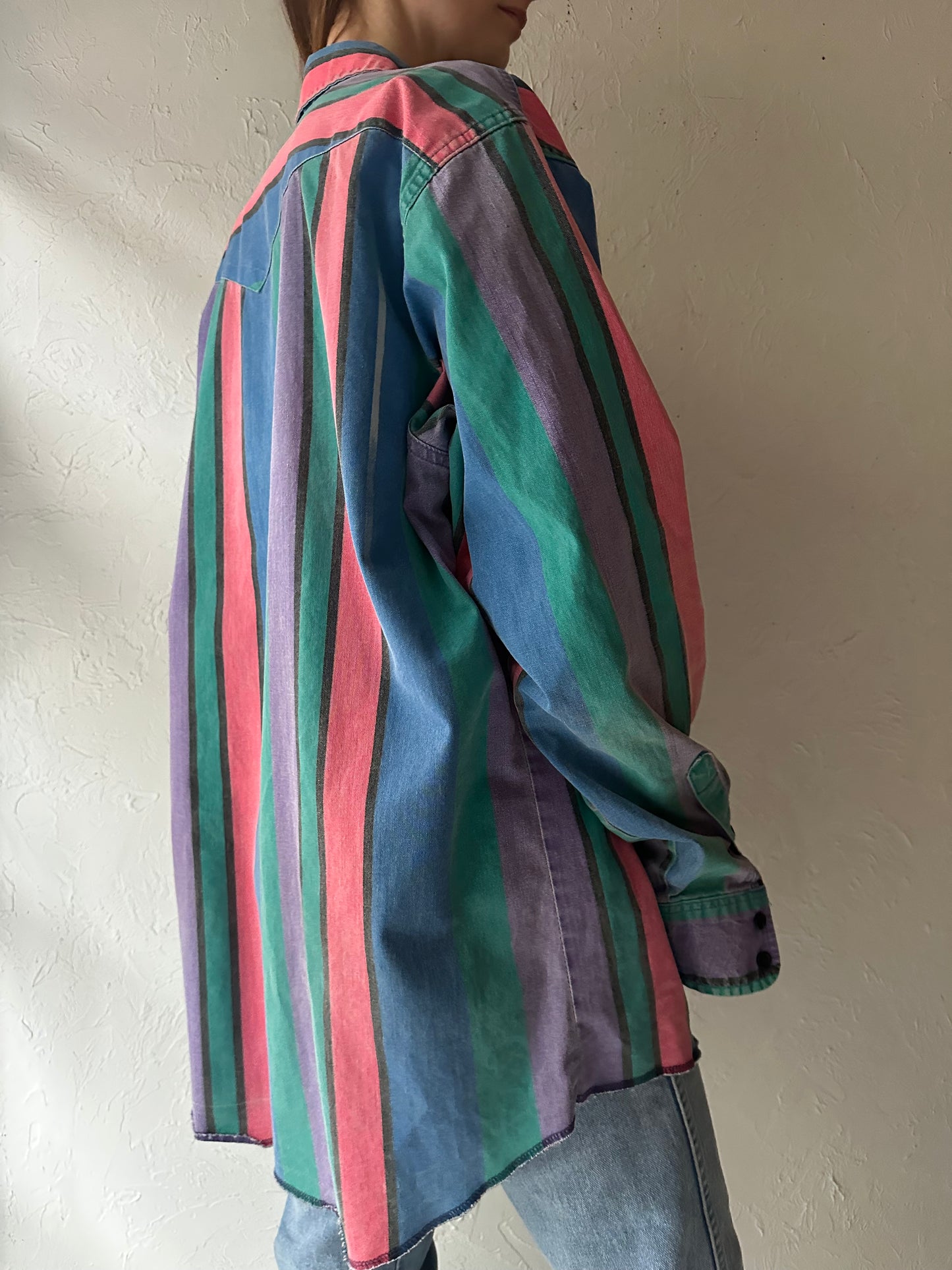 90s ‘Wrangler’ Rainbow Striped Thick Cotton Western Shirt / Large