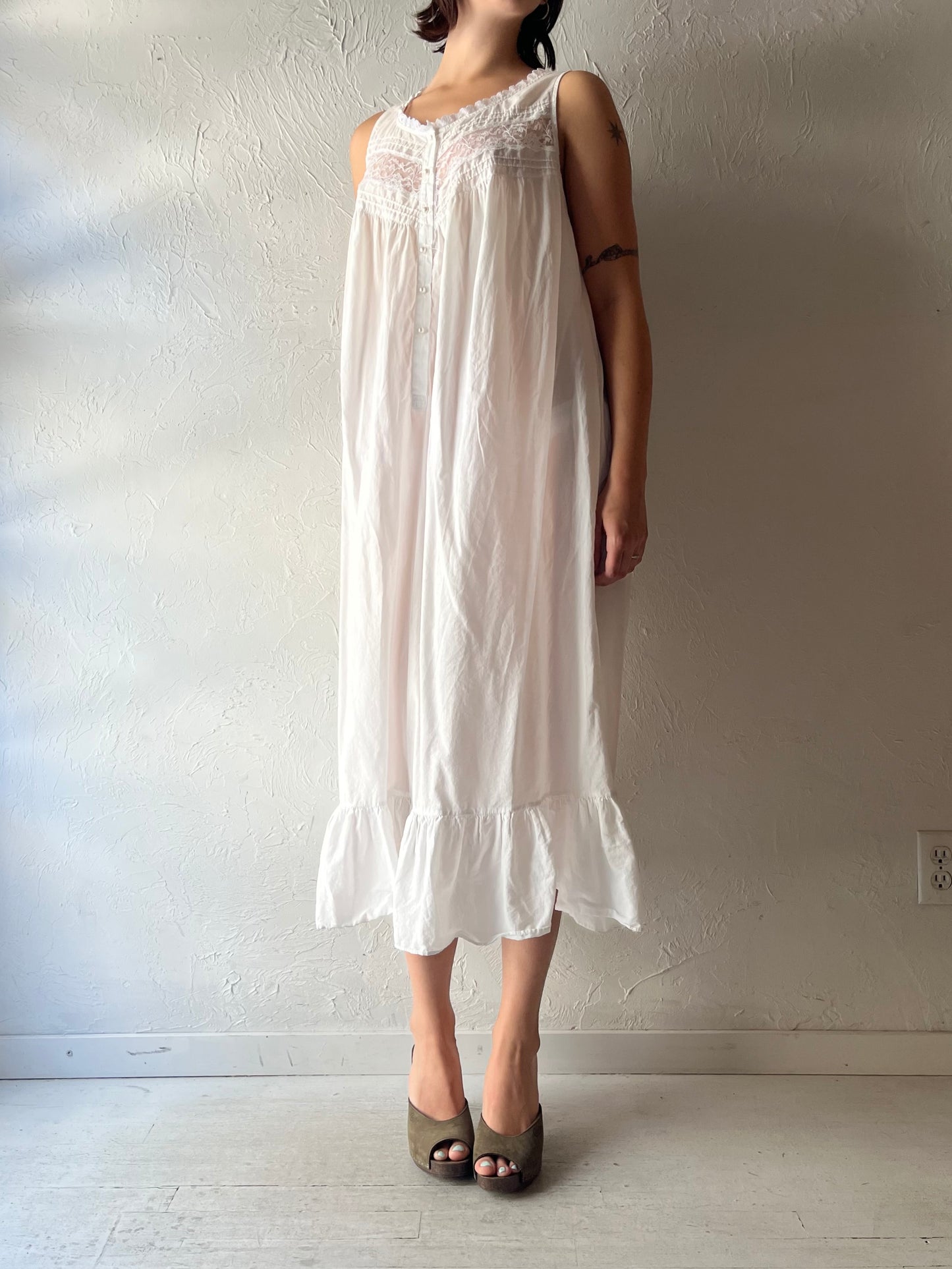 90s 'St Michael' White Cotton Nightgown Dress / Romantic Cottagecore Summer Nighty / Large