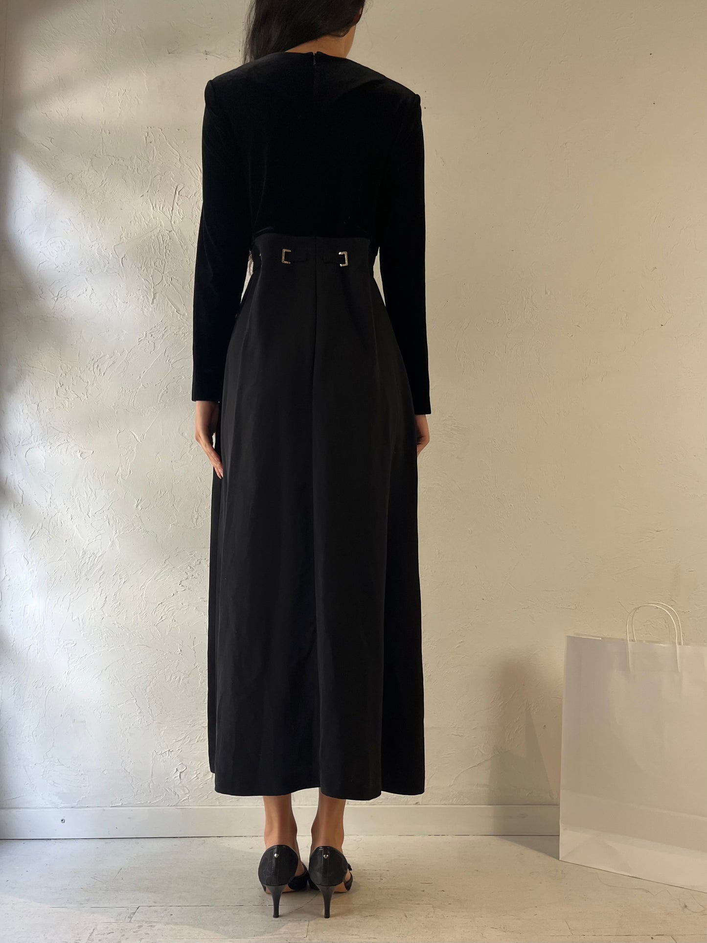 Y2k 'David Warren' Black Long Sleeve Velvet Maxi Dress / Medium