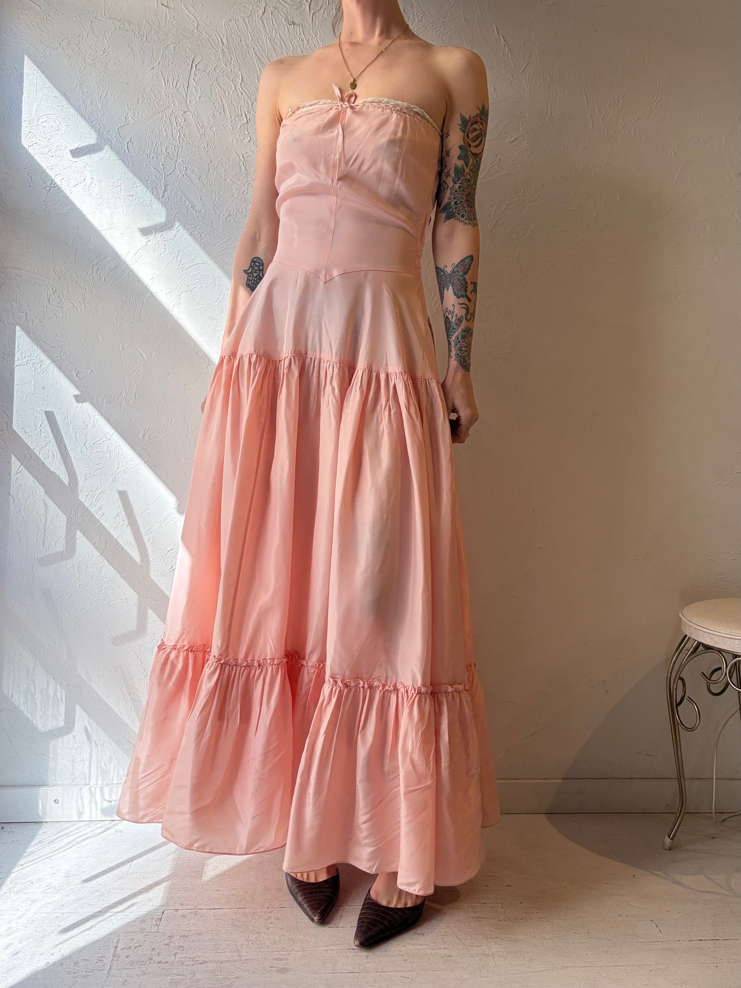 Vintage Pink Strapless Peasant Style Maxi Dress / Small