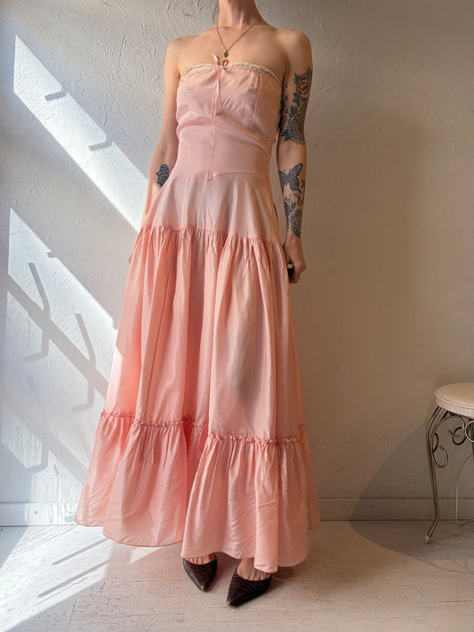 Vintage Pink Strapless Peasant Style Maxi Dress / Small
