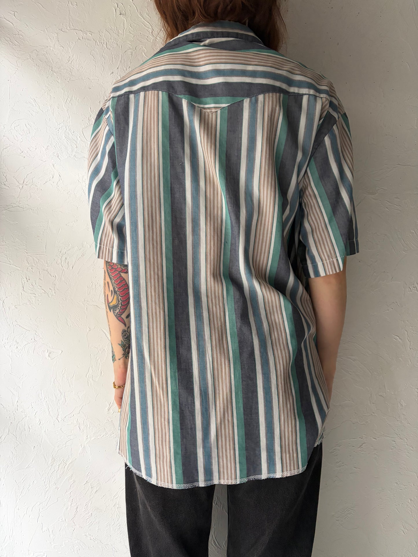 Y2k 'Wrangler' Striped Western Snap Up Short Sleeve Top / Vintage 2000s Cowboy Workwear Top / XL