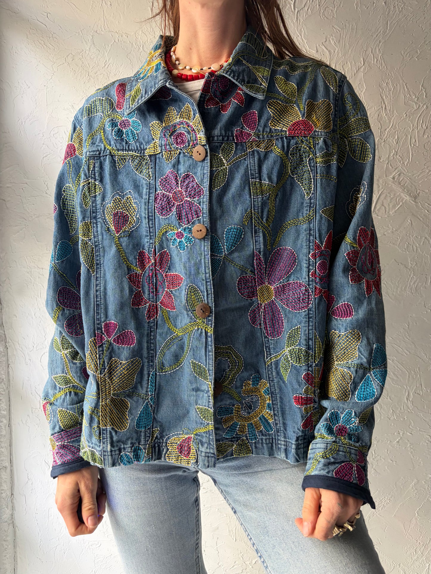 Y2k Floral Denim Retro Boho Jacket / 2000s Embroidered Cottagecore Jean Jacket / Large