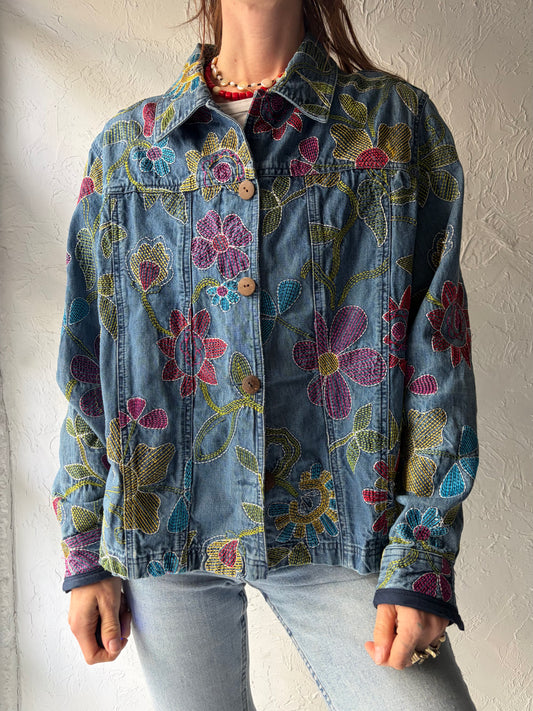 Y2k Floral Denim Retro Boho Jacket / 2000s Embroidered Cottagecore Jean Jacket / Large