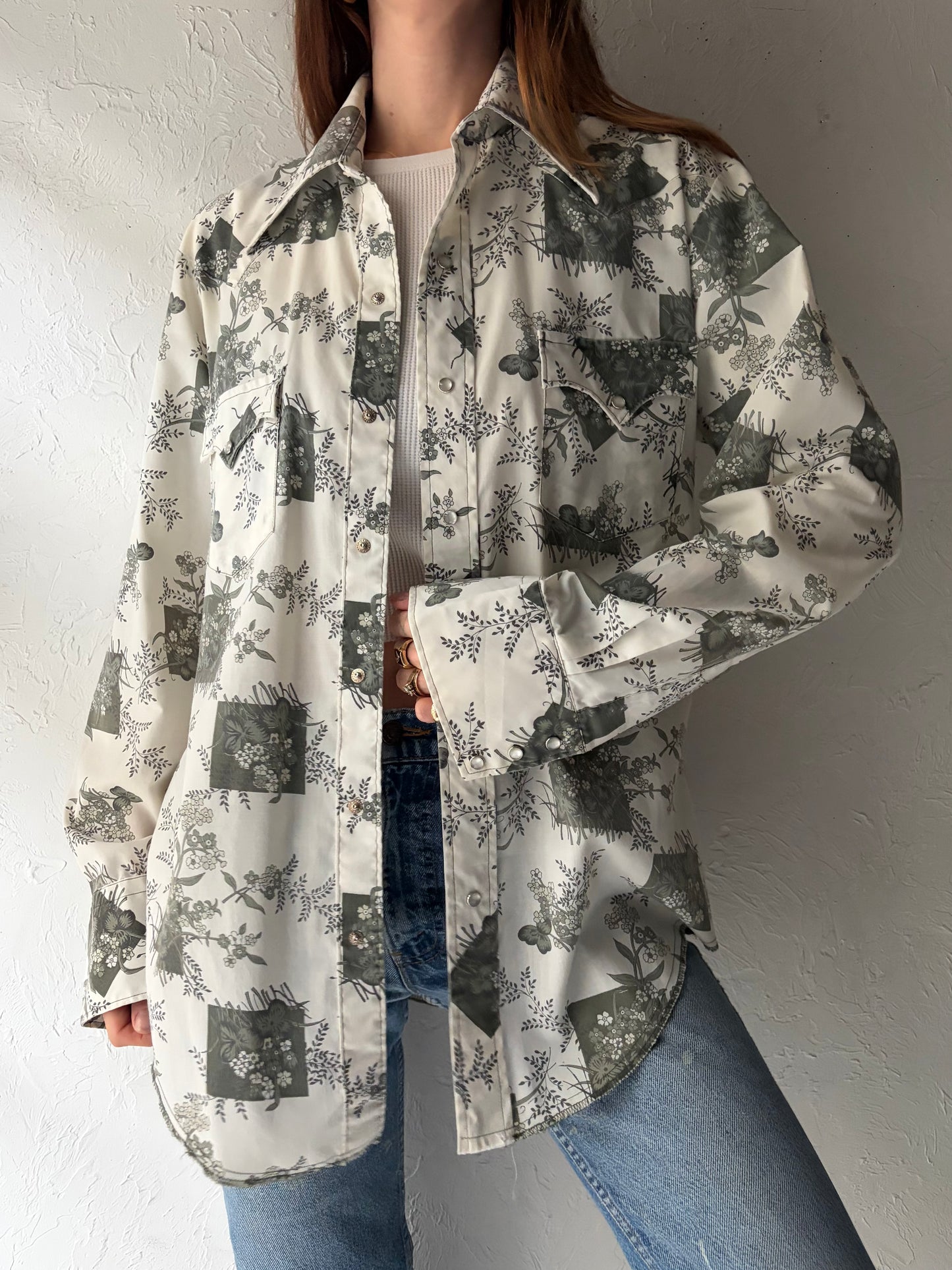 70s 'Permanent Press' Floral Western Snap Up Shirt / Vintage 1970s Cowboy Workwear Shirt / Large