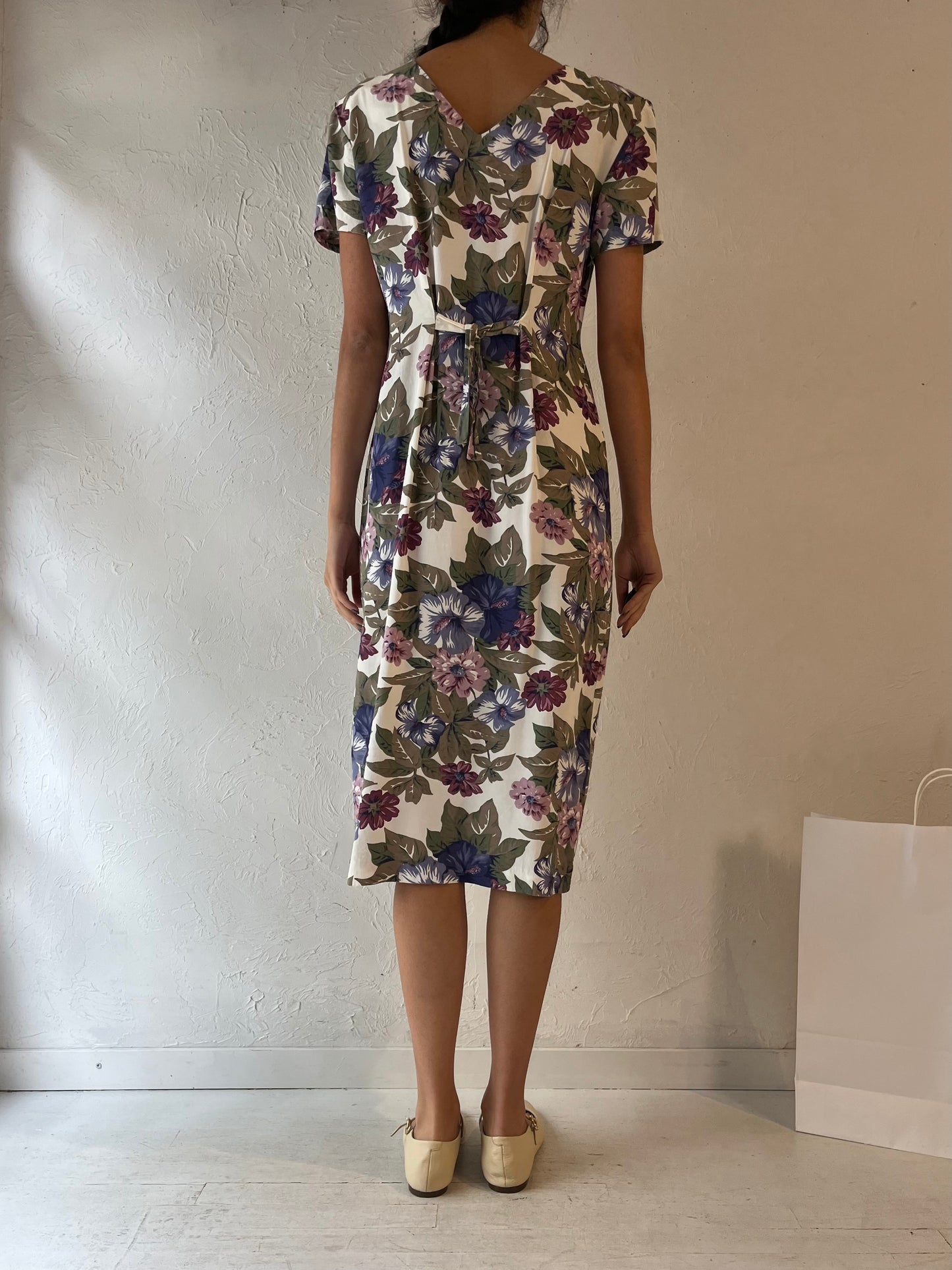 80s 'Dawn Joy' Floral Print Midi Dress / Medium - Large