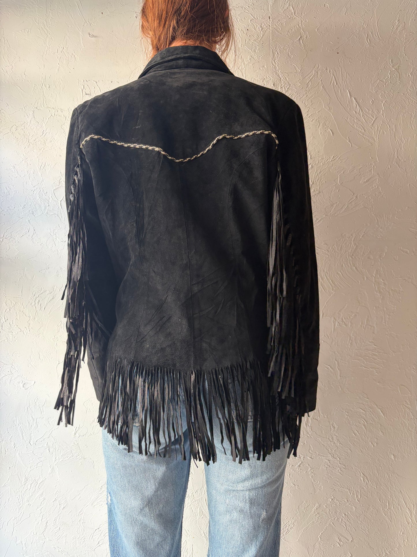 90s 'Pioneer Wear' Black Suede Leather Fringe Jacket / Medium