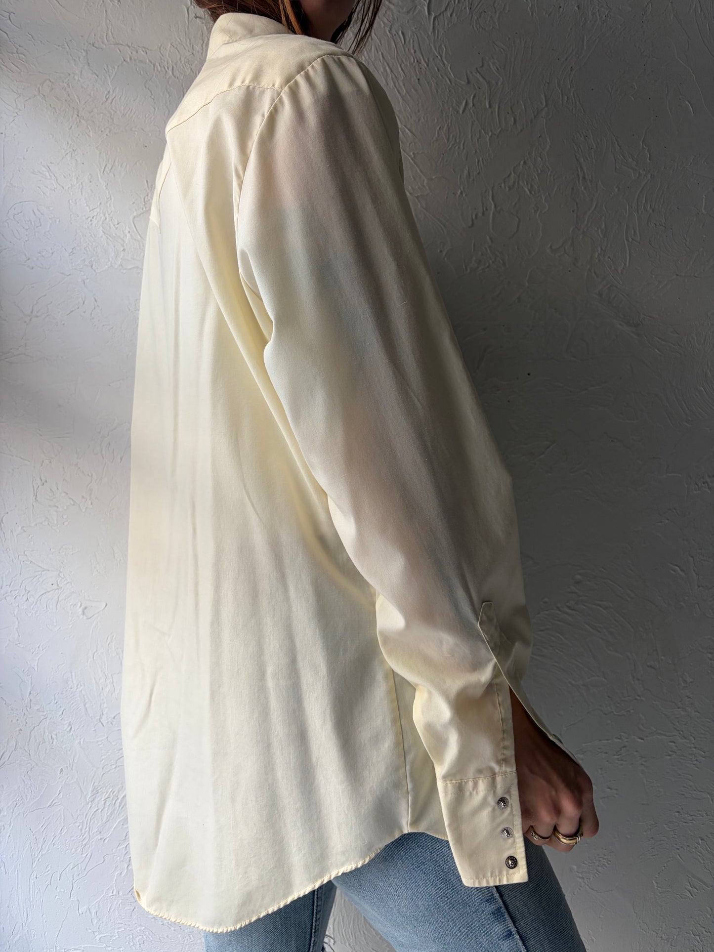 80s 'Barb' Cream Embroidered Western Pearl Snap Up Shirt / Vintage 1980s Cowboy Work Wear Shirt / Large