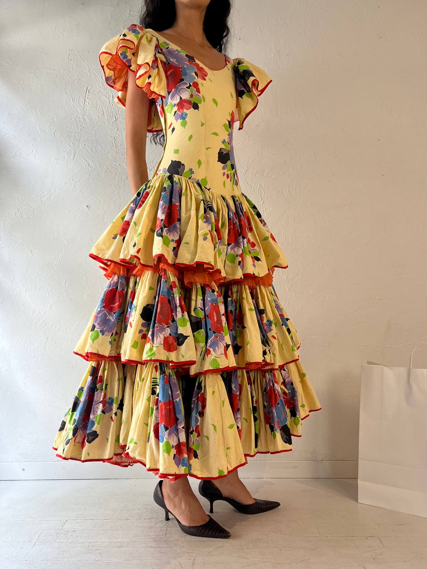 Vintage Handmade Yellow Floral Flamenco Dress / Small