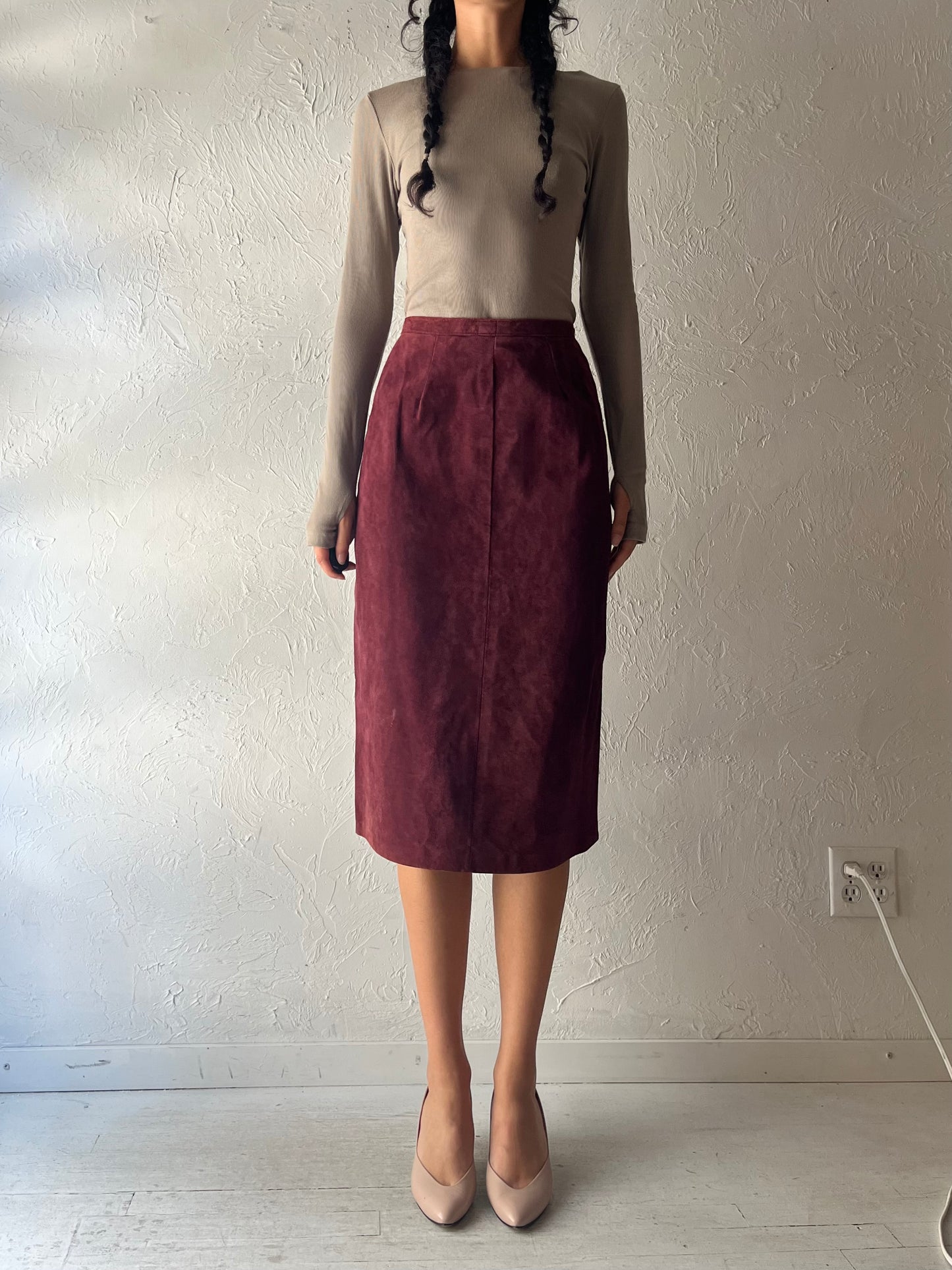 Vintage Burgundy Suede Leather Pencil Skirt / Small
