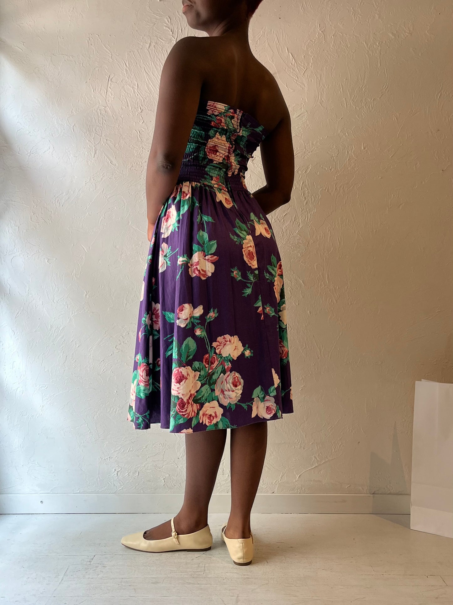 90s 'We Ltd' Purple Floral Print Strapless Dress / Small - Medium