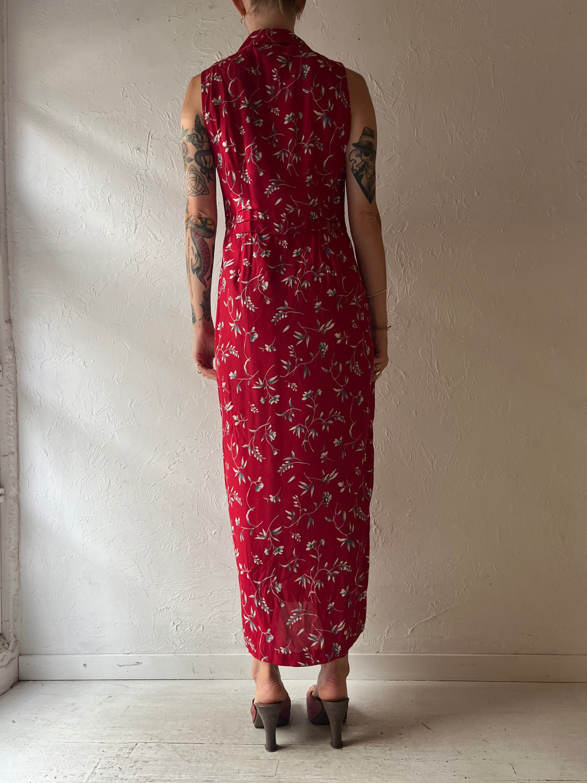 90s 'Robbie Bee' Red Floral Print Collared Maxi Dress / Small