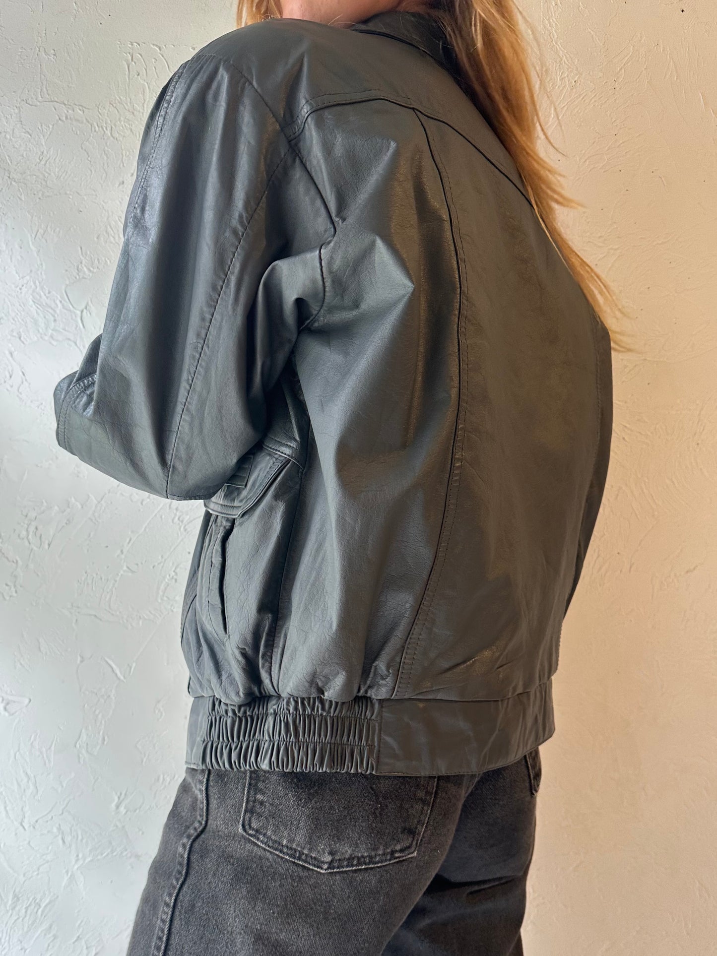 90s ‘Boulevard Club’ Gray Leather Bomber Jacket / Medium
