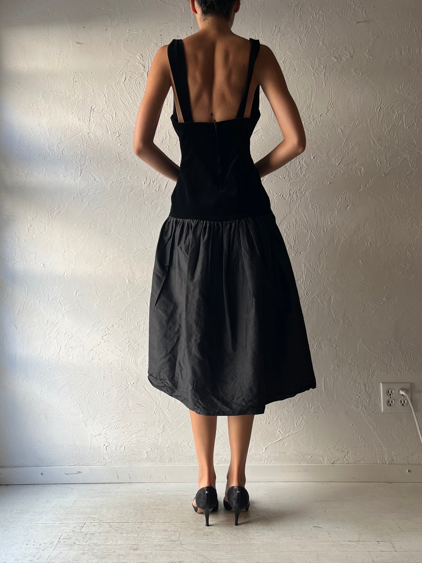 Vintage Black Velvet Formal Drop Waist Dress / Small