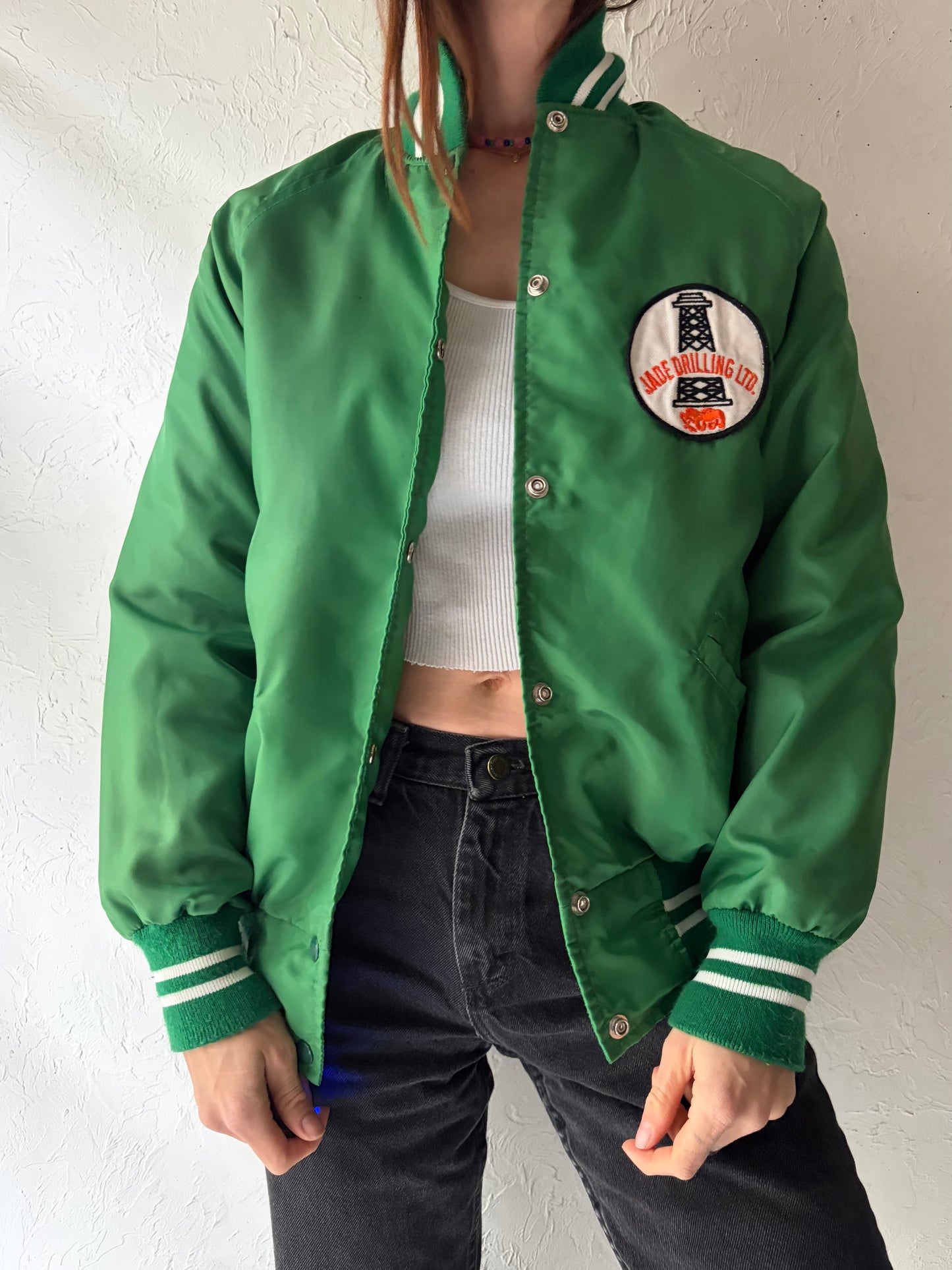 80s 'Jade Drilling' Green Retro Nylon Street Wear Bomber Jacket / Small
