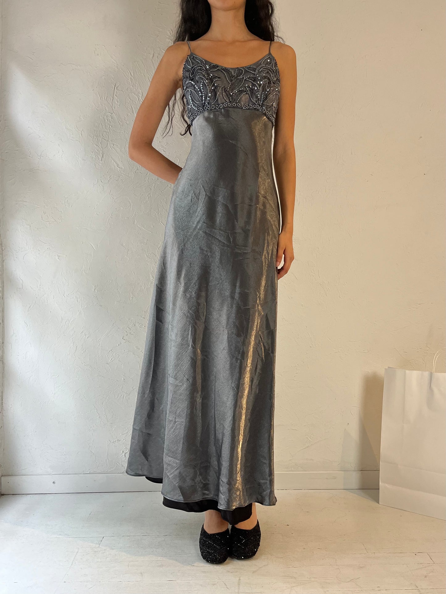 90s 'Faviana' Silver Formal Dress / Small