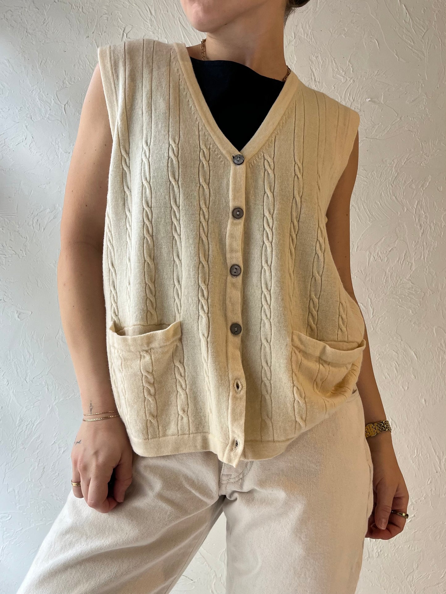 Y2k 'Tabi' Cream Cable Knit Wool Vest / Large