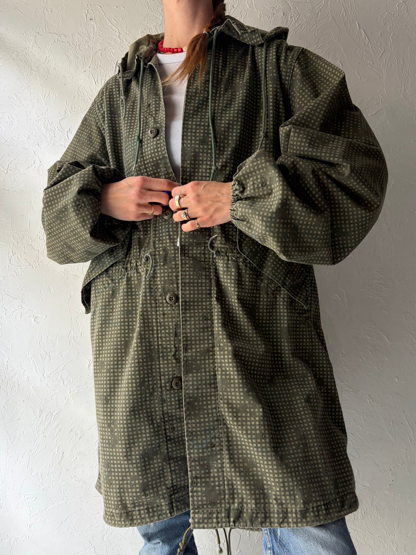 90s Authentic Green Army Hooded Camouflaged Streetwear Fishtail Parka Coat / Vintage 1990s Grunge Military Field Jacket / Medium