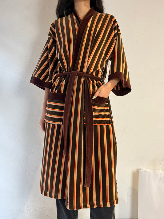 Vintage 80s / 90s 'Christian Dior' Brown Stripped Velvet Robe / Medium