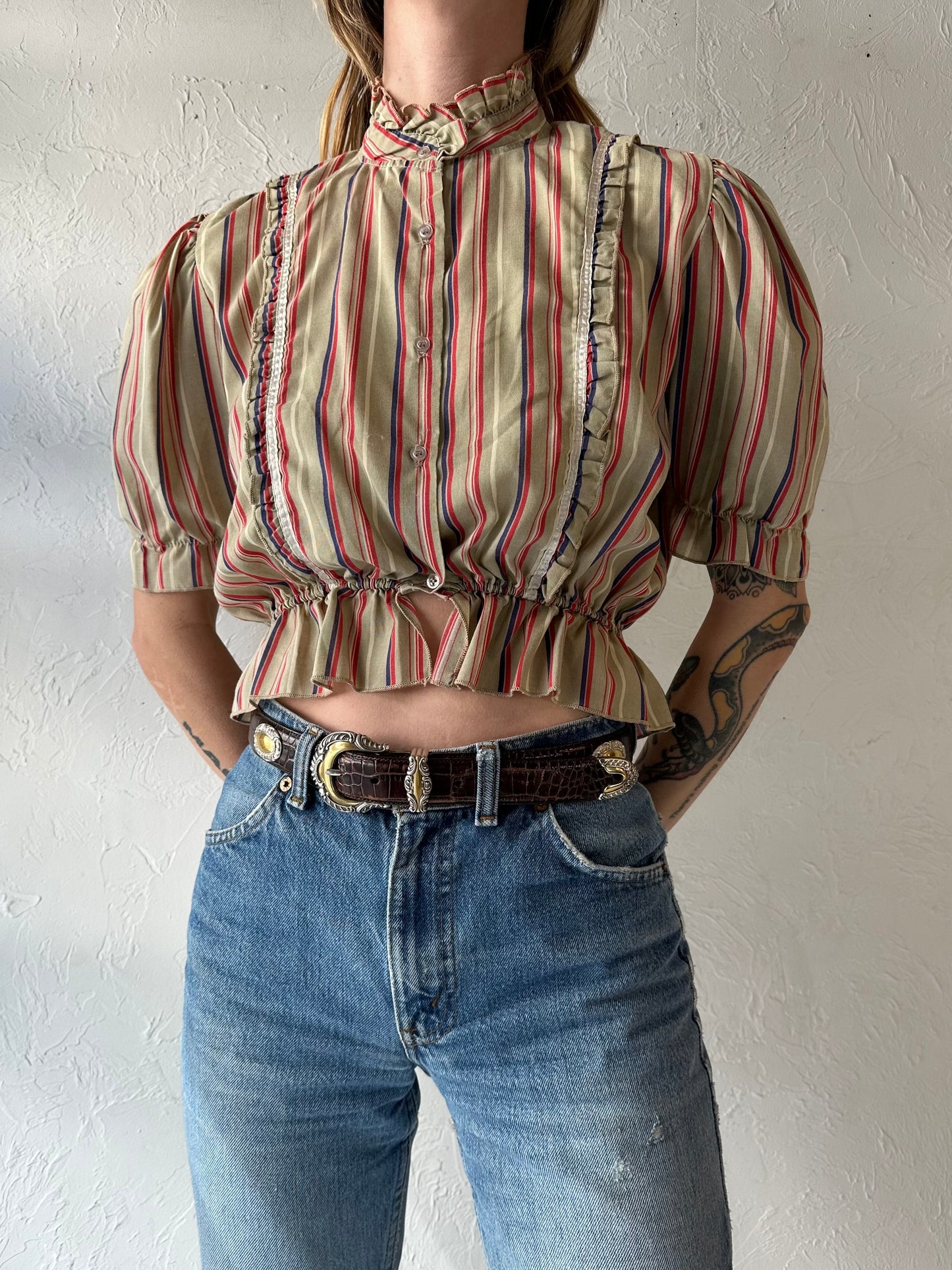 70s 'Freedom' Striped Puff Sleeve Blouse / XS