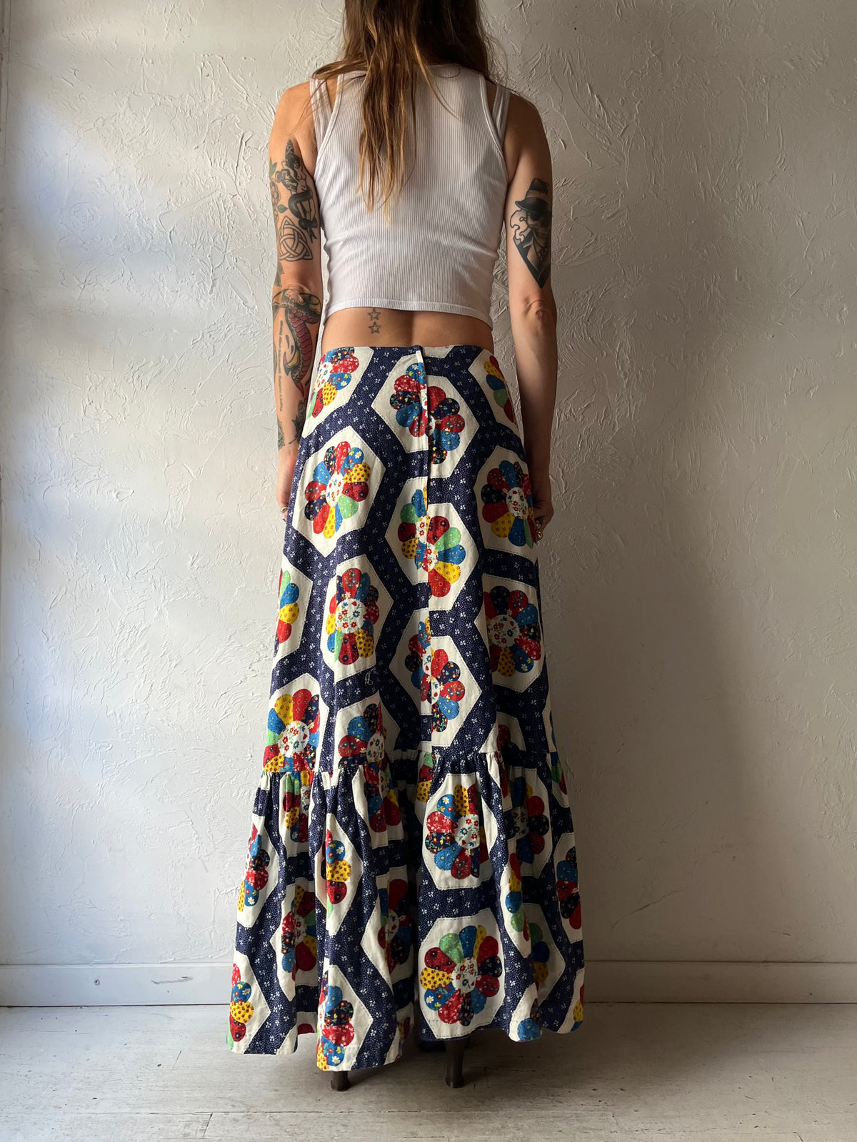 1970s Retro Patchwork Hippie Maxi Skirt / Small