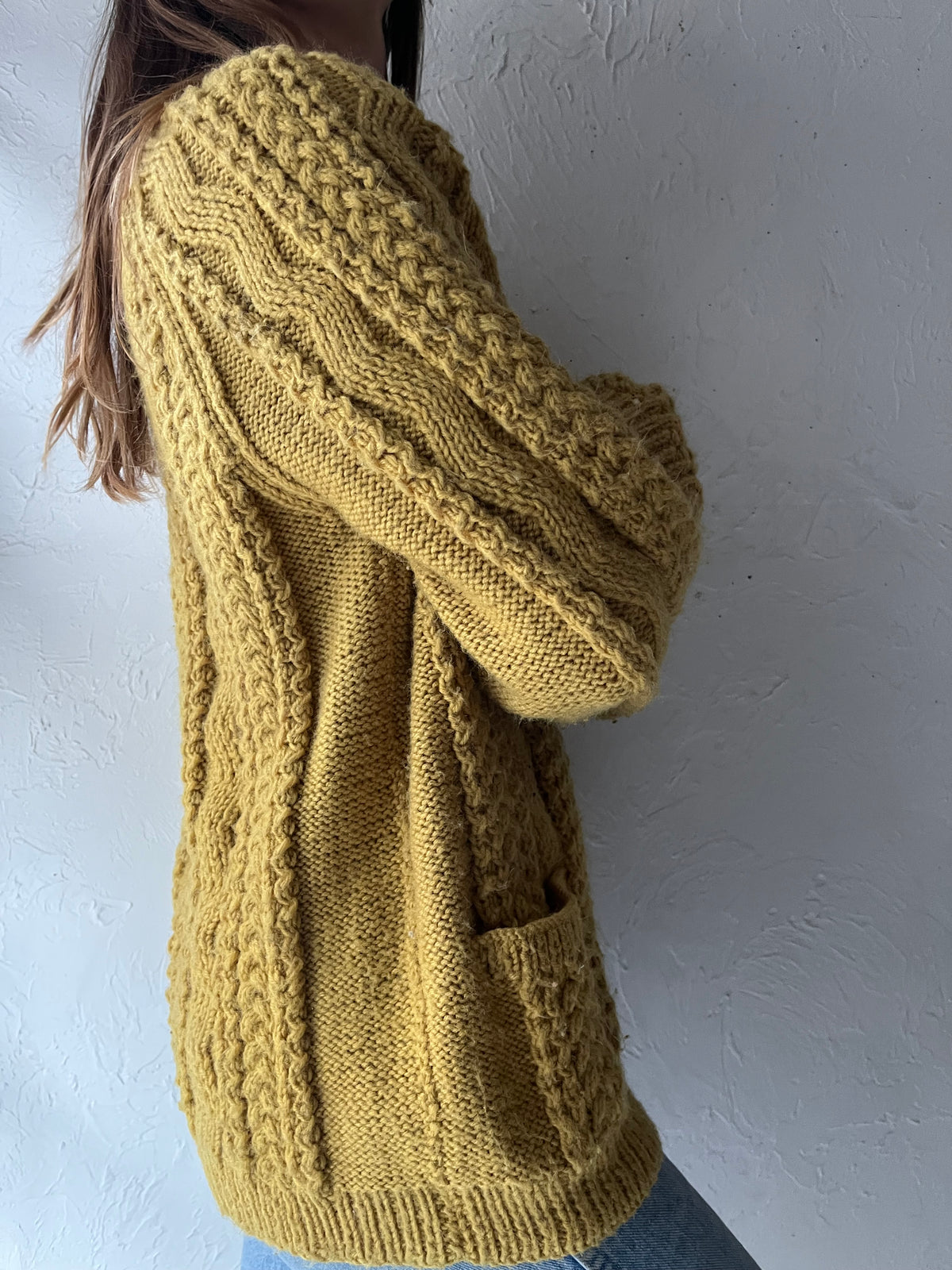 Vintage HandKnit Chartreuse Cable Knit Cardigan Sweater / Medium