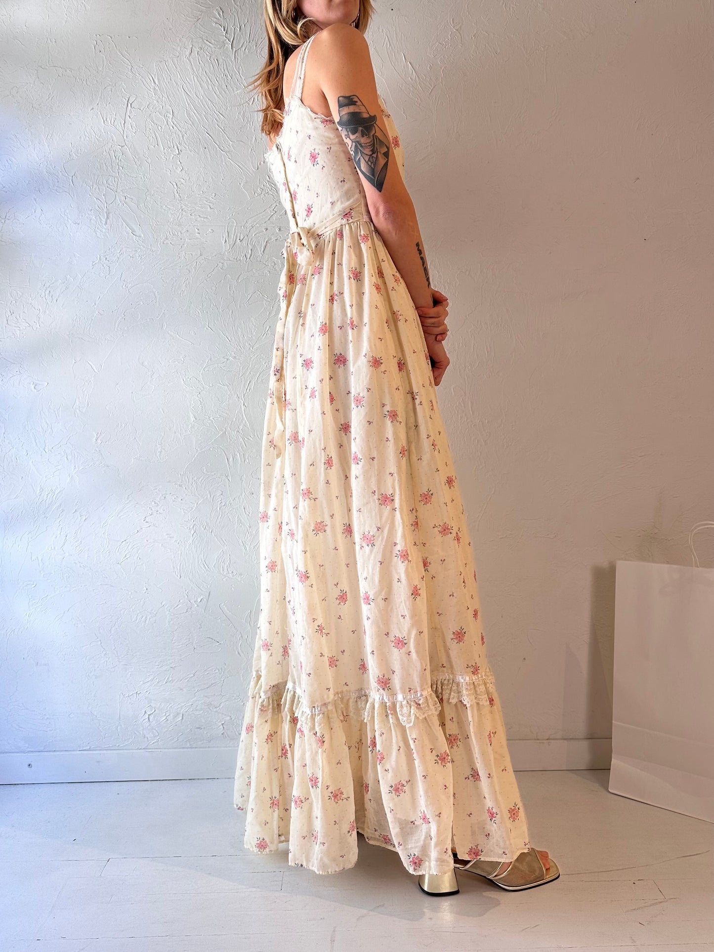 70s 'Gunne Sax' Cream Floral Print Sleeveless Dress / Small
