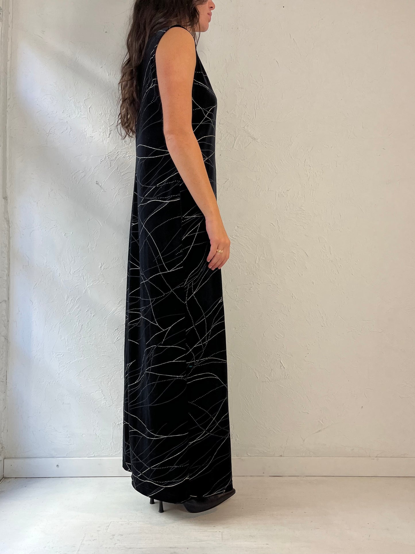 90s 'Robbie Bee' Black Sparkly Maxi Dress / Large