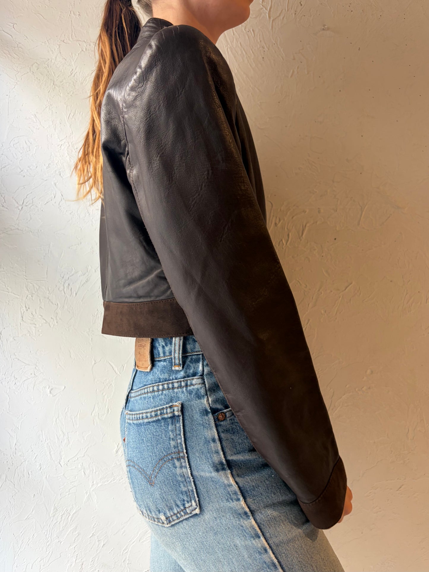 80s 'Bagatelle' Brown Cropped Leather Jacket / Medium