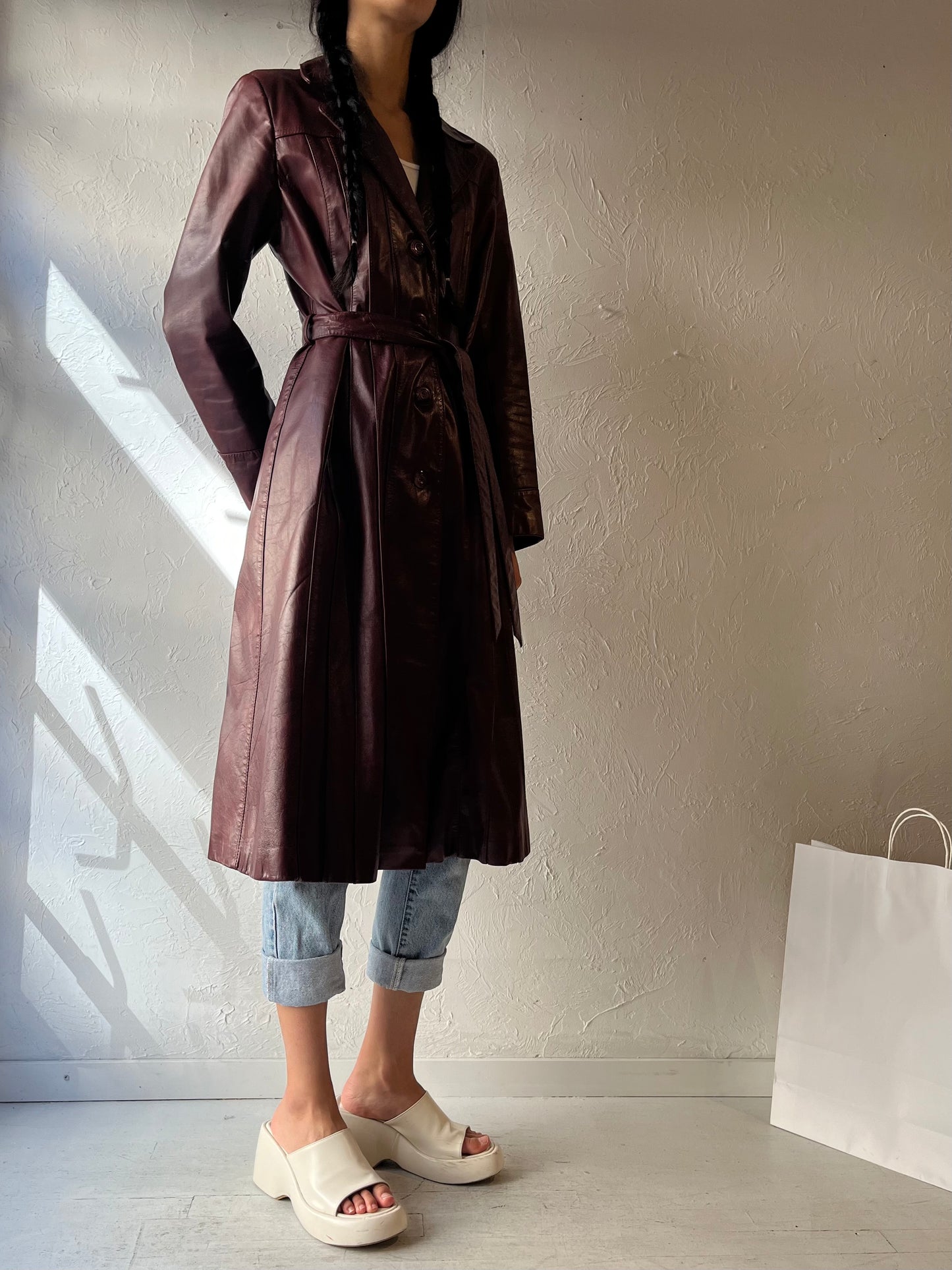 90s 'Wilsons' Burgundy Leather Trench Coat / Medium