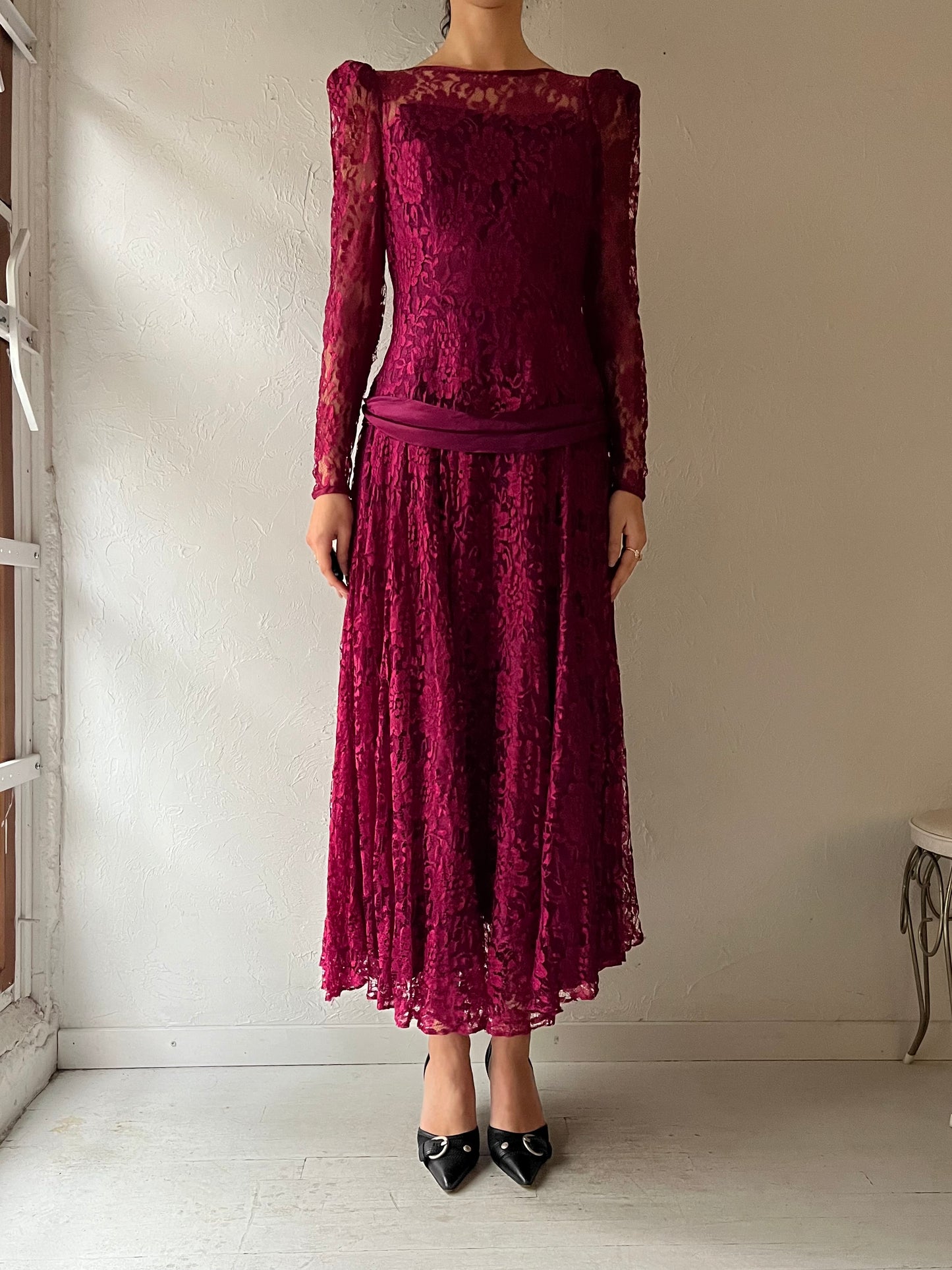 80s 'Highlite' Burgundy Lace Dress / Medium