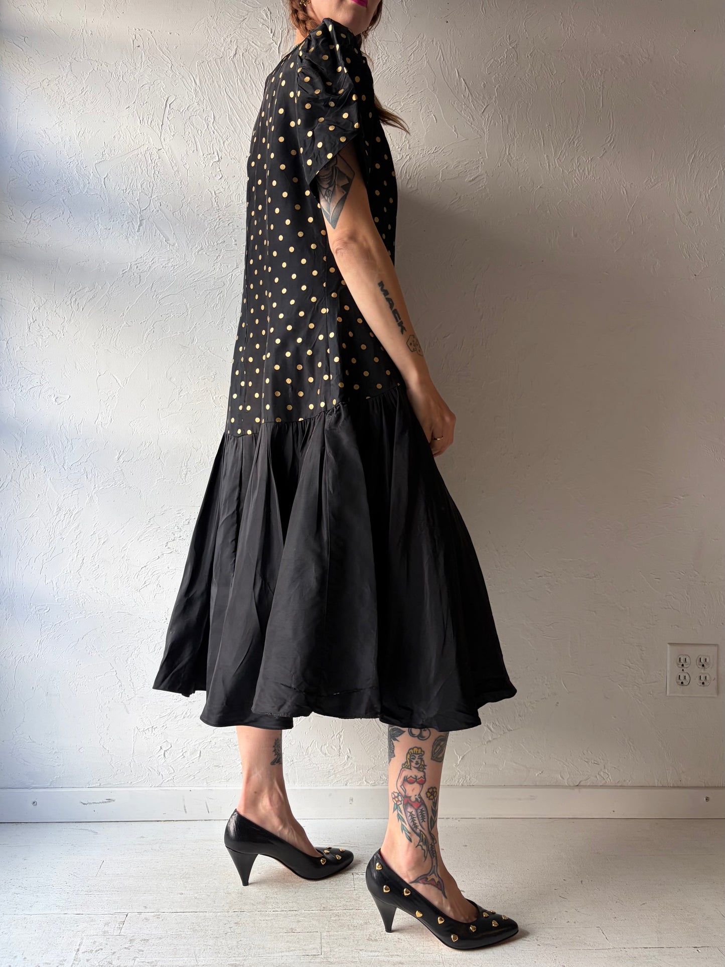80s 'Miss Dorby' Black Polka Dot Party Dress / Large