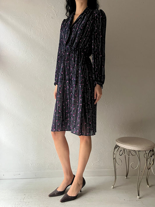 80s 'Orite' Navy Blue Floral Long Sleeve Dress / Small