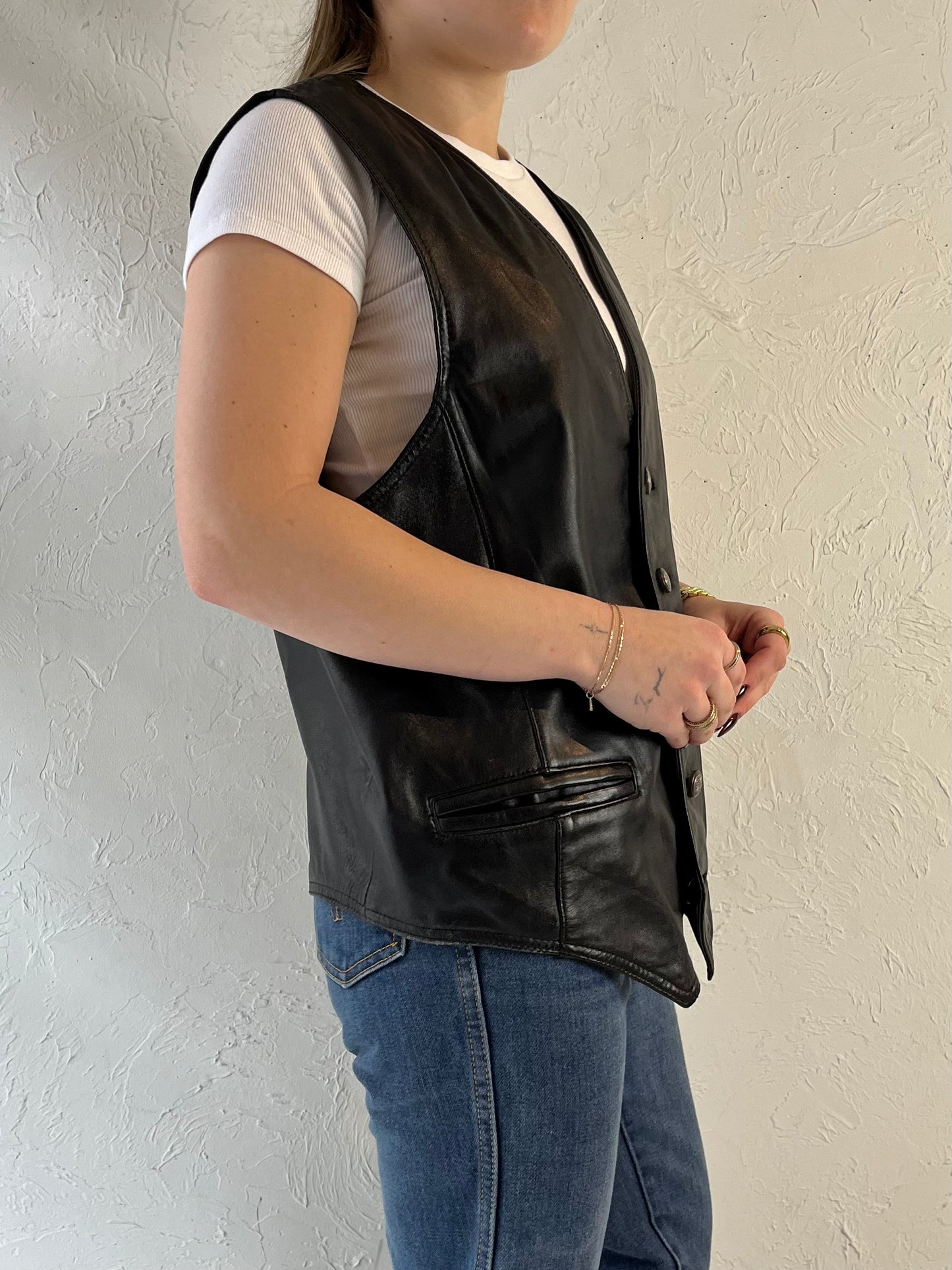 90s ‘Tannery West’ Black Western Leather Vest / Large