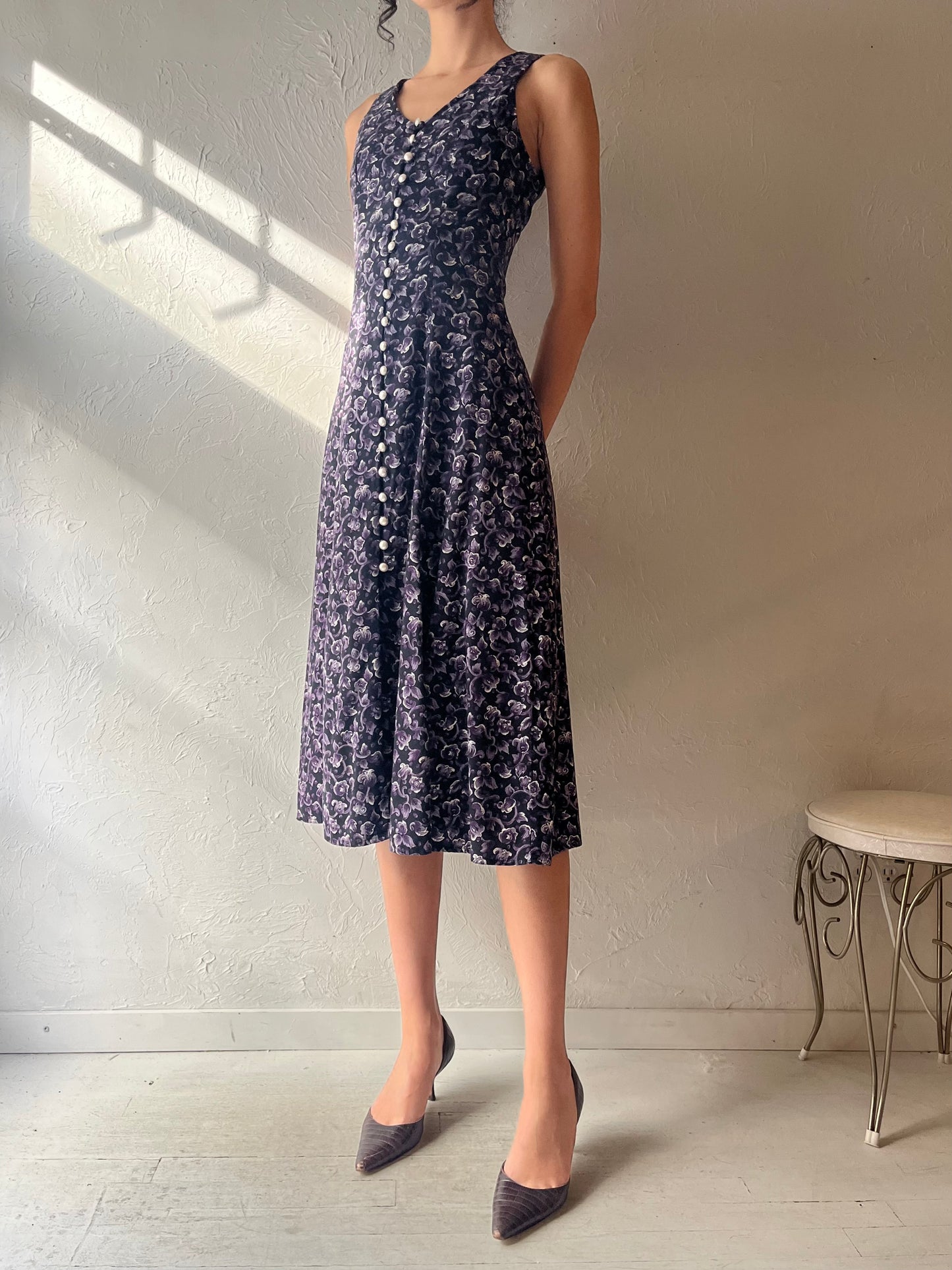 90s 'Paris Sport Club' Purple Floral Dress / Small / 1990s Spring Dress – Vintage 90s Grunge Romantic Dress