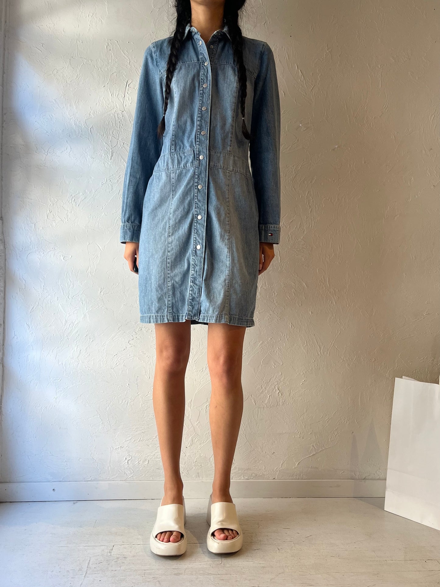 Y2k 'Tommy Hilfiger' Long Sleeve Denim Mini Dress / Small