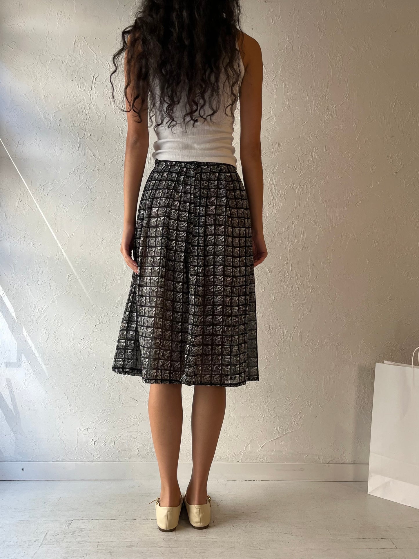 90s 'SM' Light Weight Pleated Check Midi Skirt / Small