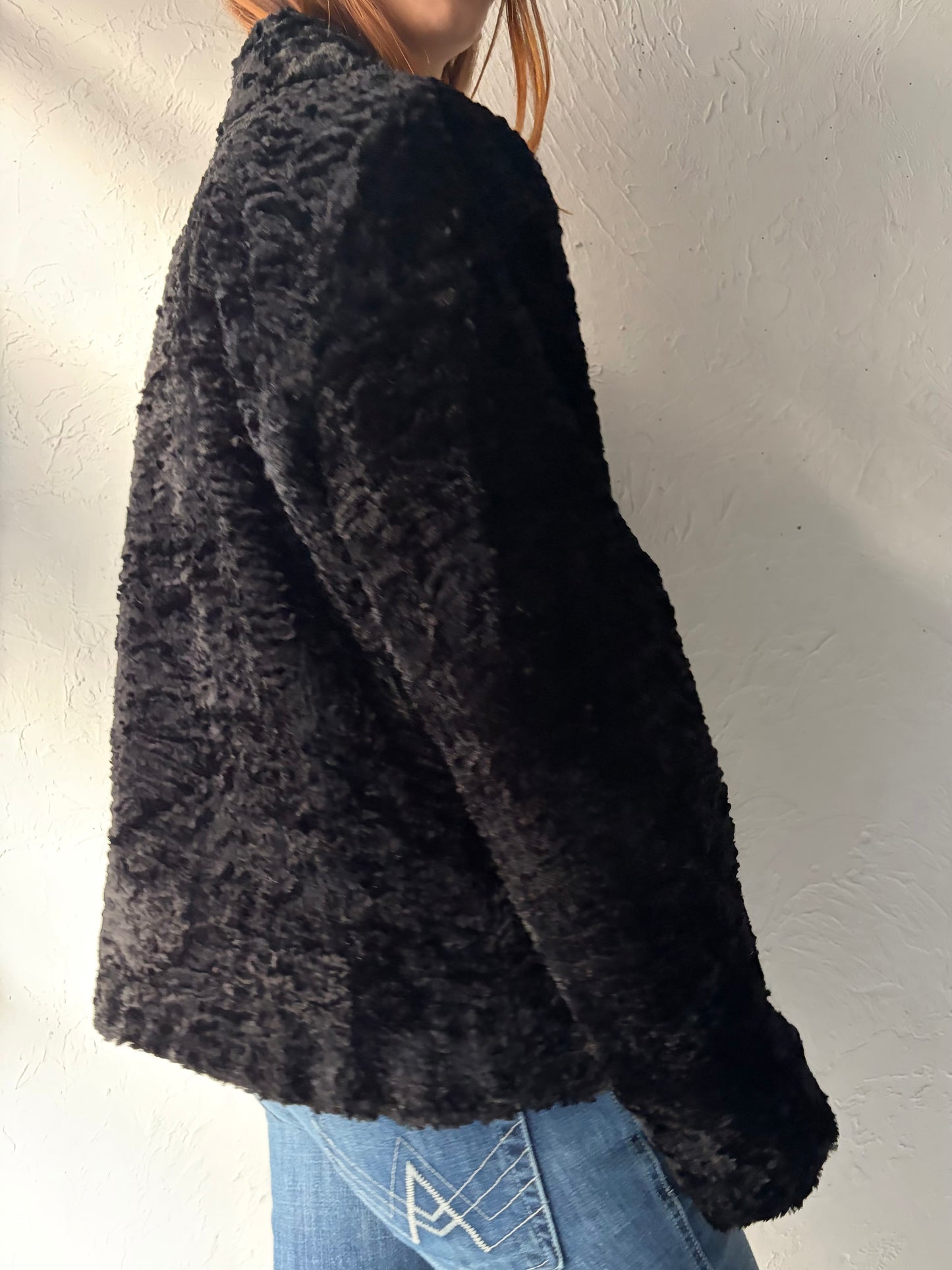 90s 'Le Chateau' Black Faux Fur Jacket / Large