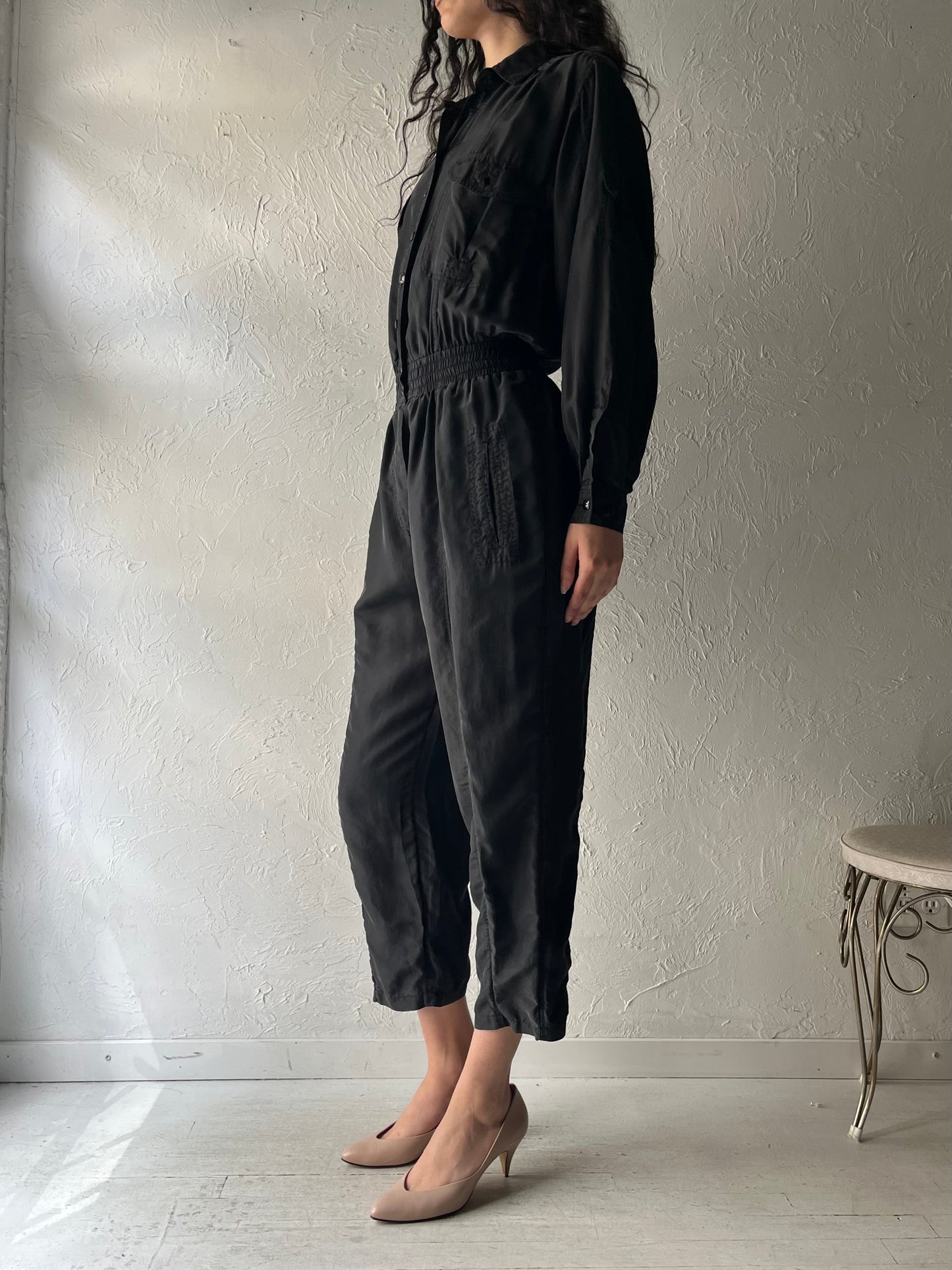 90s 'Sandwash' Black Retro Silk Jumpsuit / 1990s Minimalist One Piece / Small
