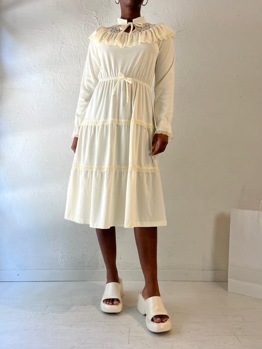 70s 'Montgomery Ward' Off White Peasant Dress / Small - Medium