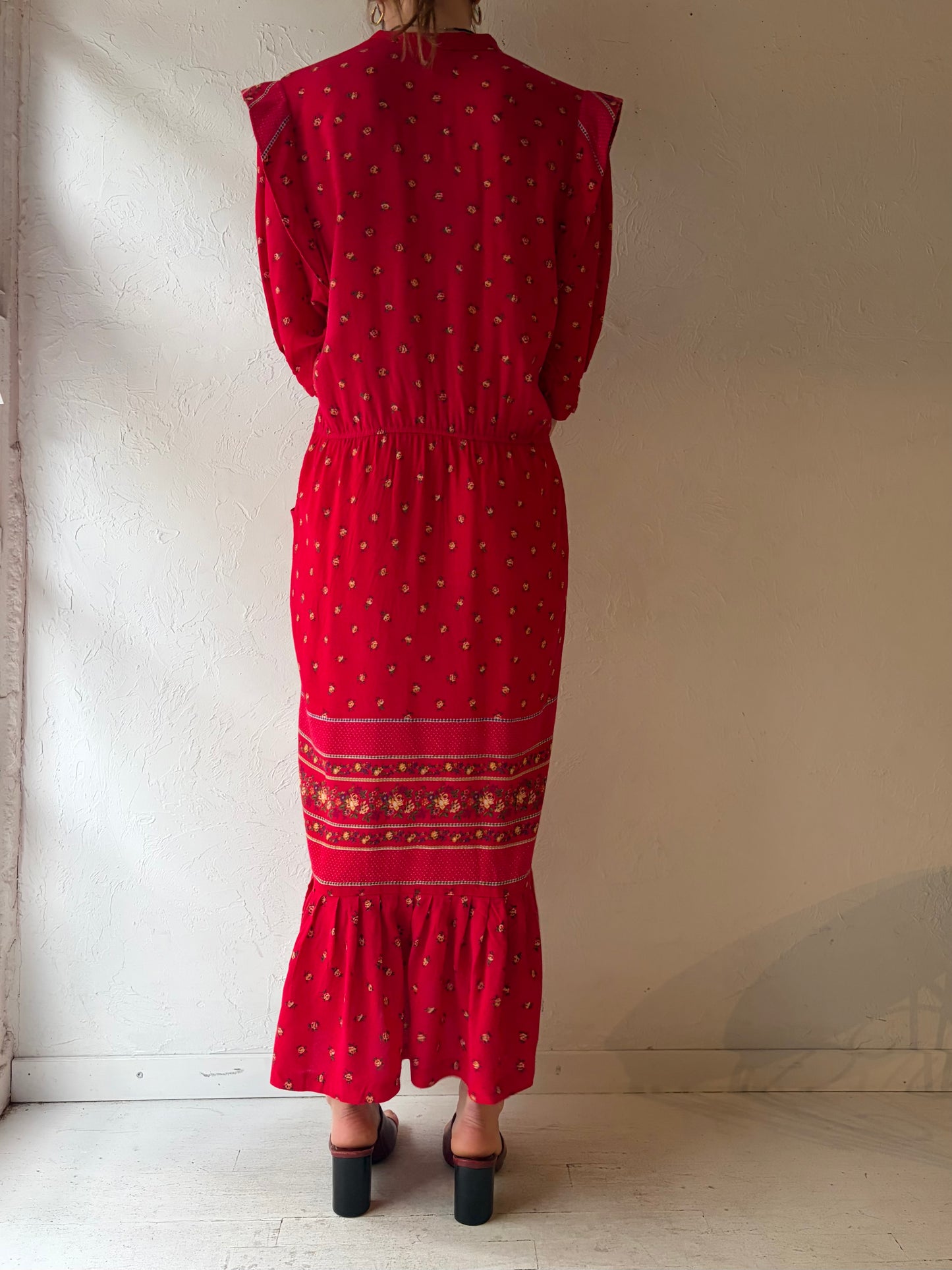 80s 'Choon' Red Floral Prairie-core Summer Dress / Medium