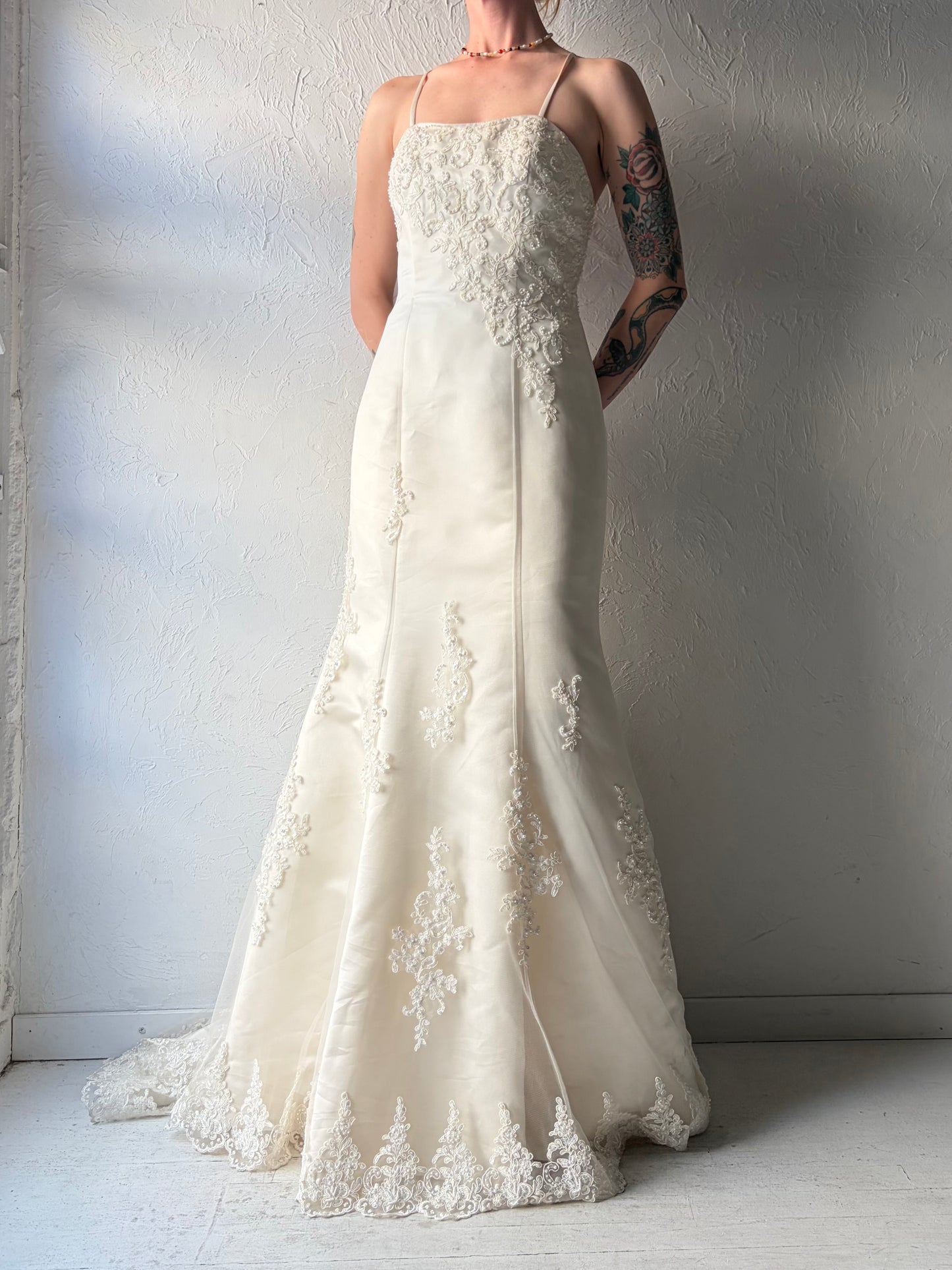 Y2k 'Angeline'  Cream Lace Up Foral Wedding Dress / Medium