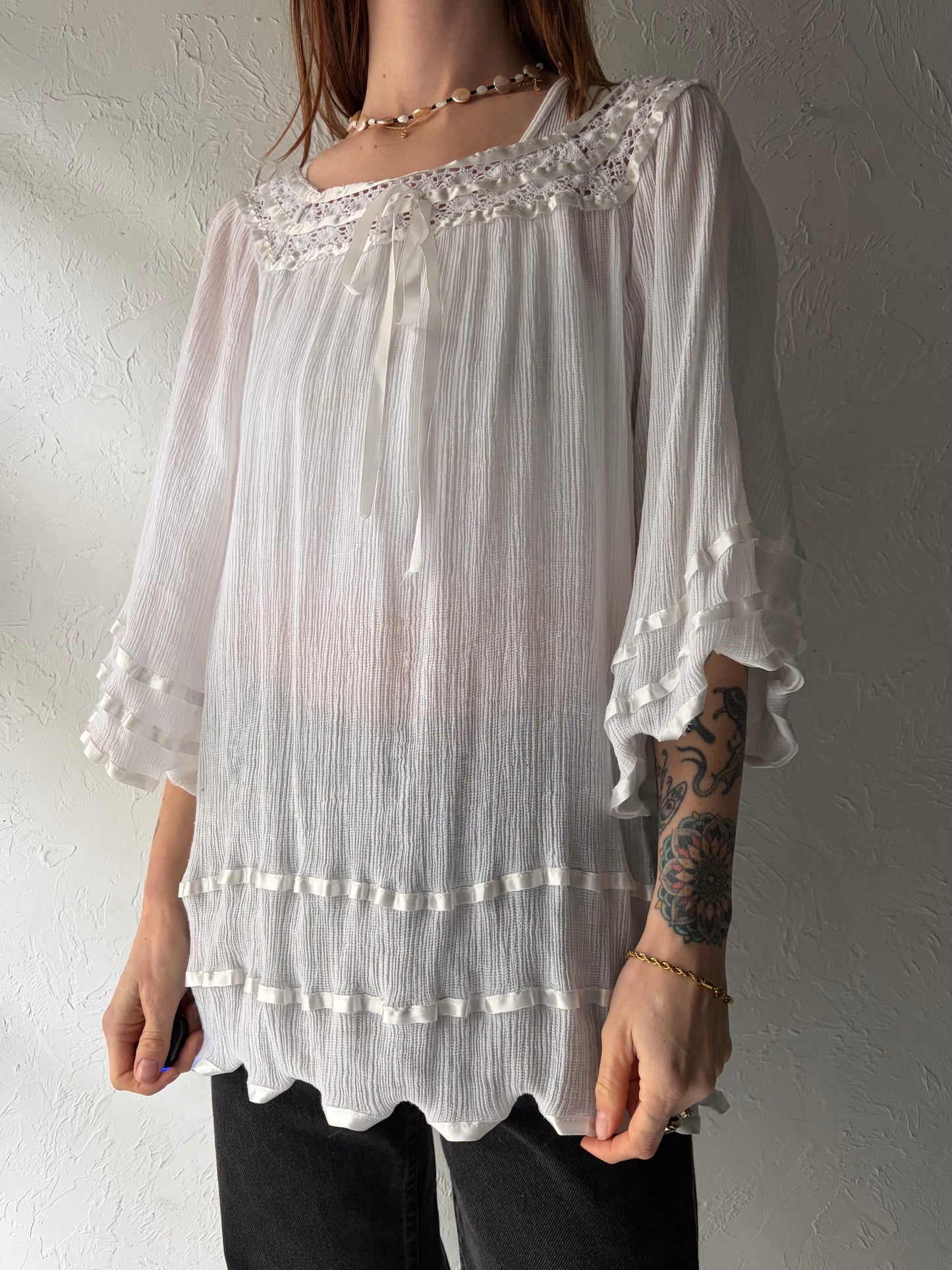 Vintage White Cotton Gauz Hippie Boho Crochet Top / Small