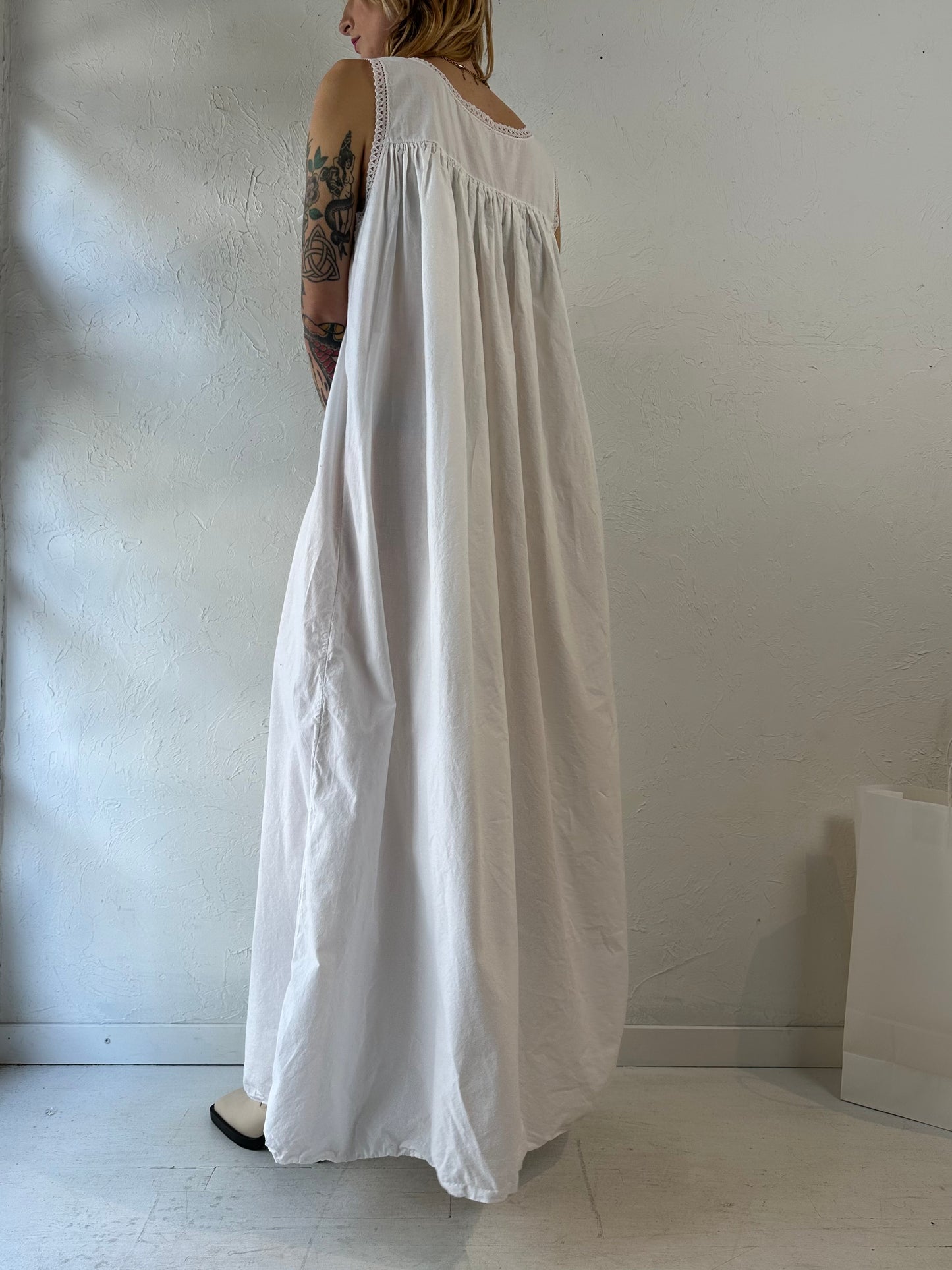 Vintage White Cotton Sleeveless Maxi Dress / Large