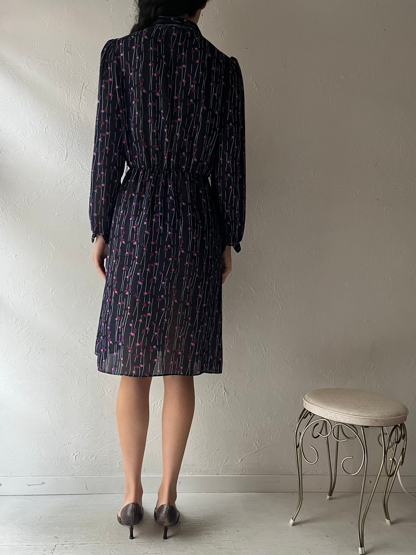 80s 'Orite' Navy Blue Floral Long Sleeve Dress / Small