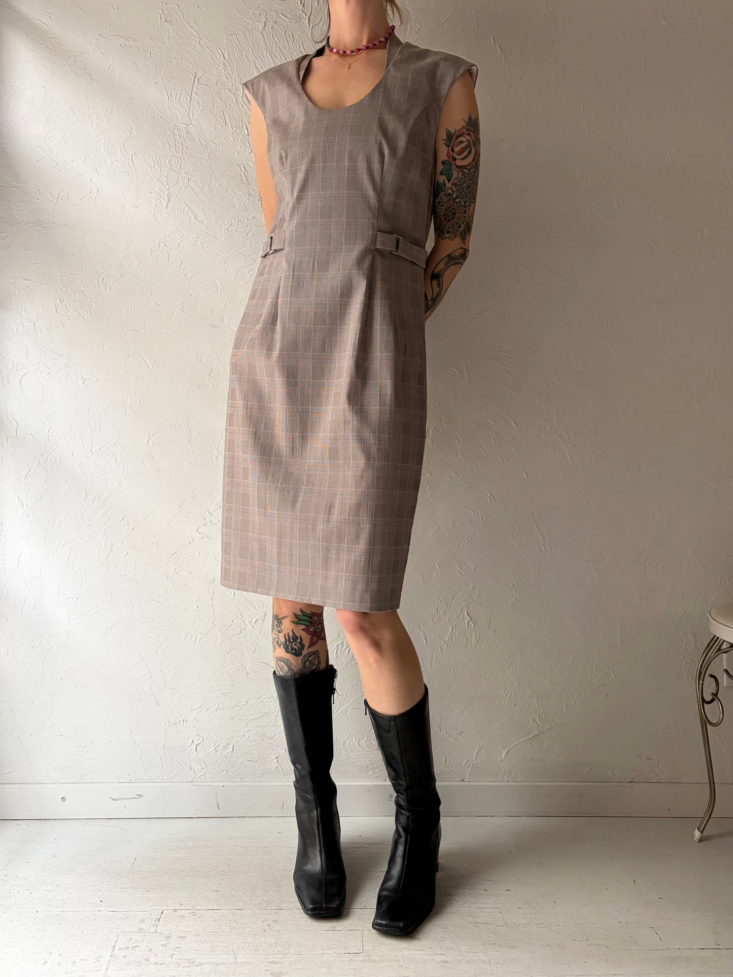 Y2k 'Le Chateau' Grey & Pink Plaid Preppy Academia Dress / Vintage 2000s Retro Office Wear Midi Dress / Medium