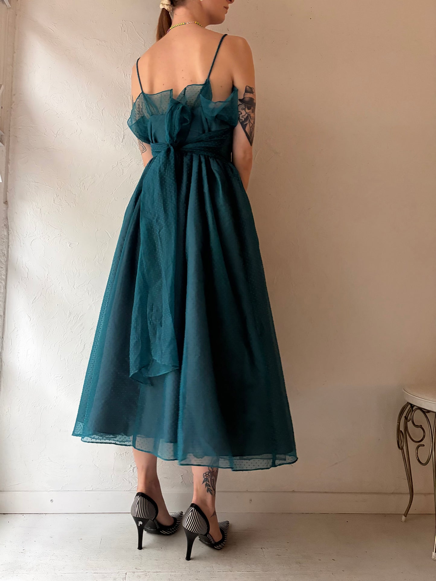 80s 'Gunne Sax' Teal Polka Dot Formal Gown / Small