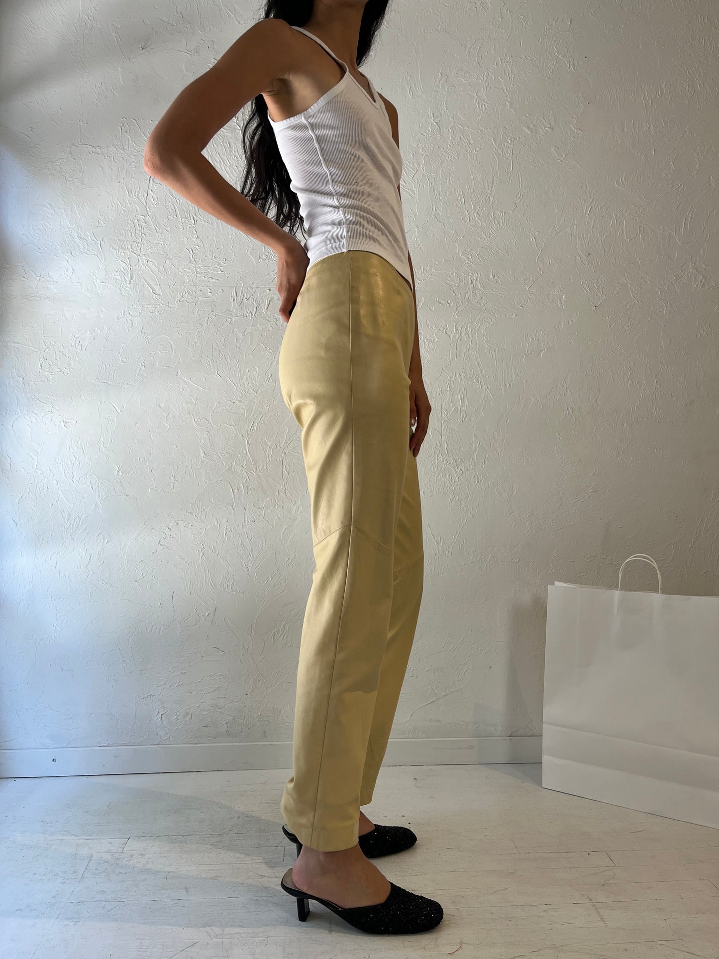 90s 'Danier' Beige Leather Pants / Small - Medium