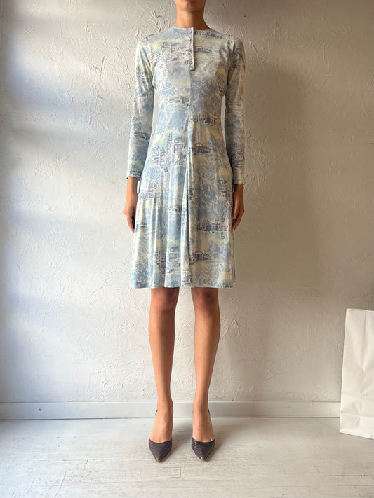 70s Blue Patterned Midi Dress / Small