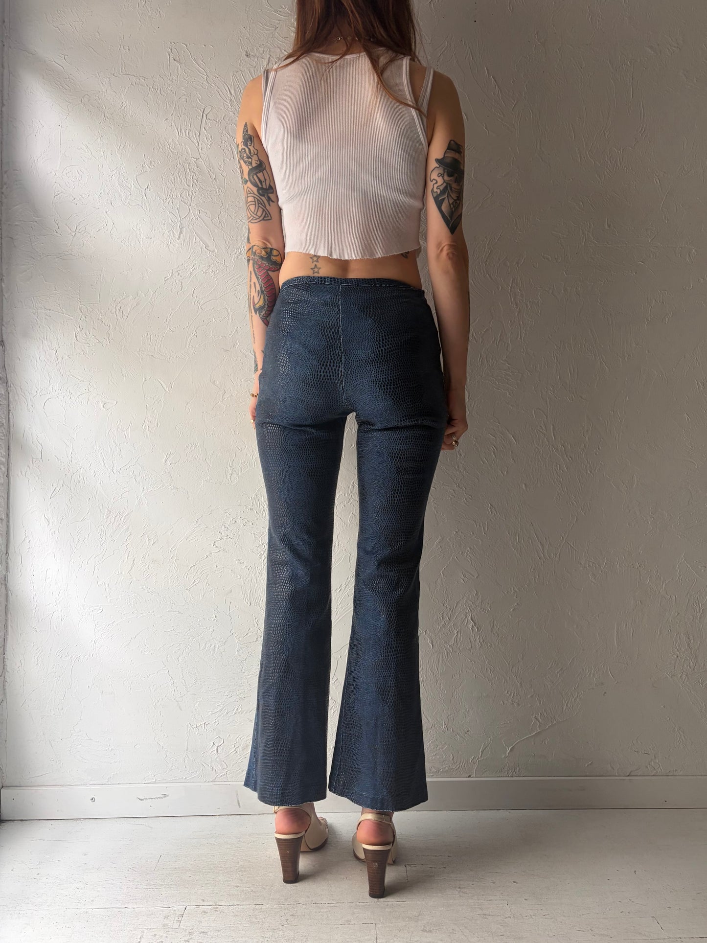90s ‘Santa Barbra' Retro Blue Patterned Streetwear Trousers / Vintage 2000s Rockstar Pants / Small